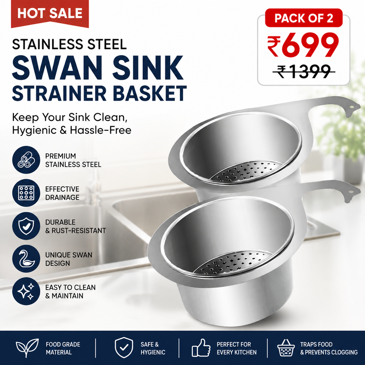 Stainless Steel Swan Sink Strainer Basket Pack of 2