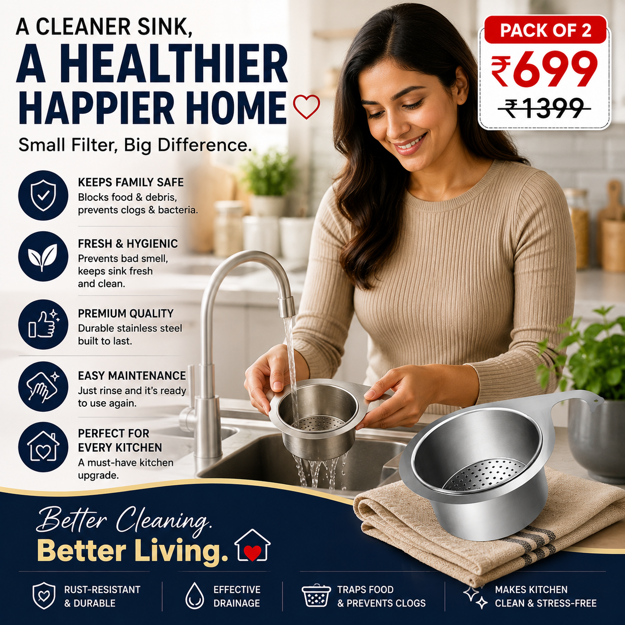 Stainless Steel Swan Sink Strainer Basket Pack of 2