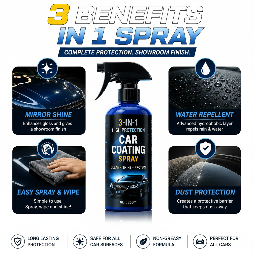 3-in-1 high-protection car coating spray with benefits displayed on a dark background
