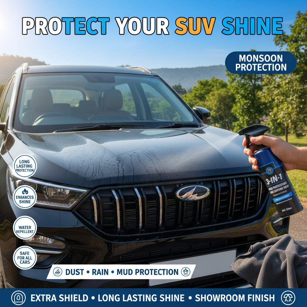 Black SUV being cleaned with a car spray, with text about protecting SUV shine and car coating spray.