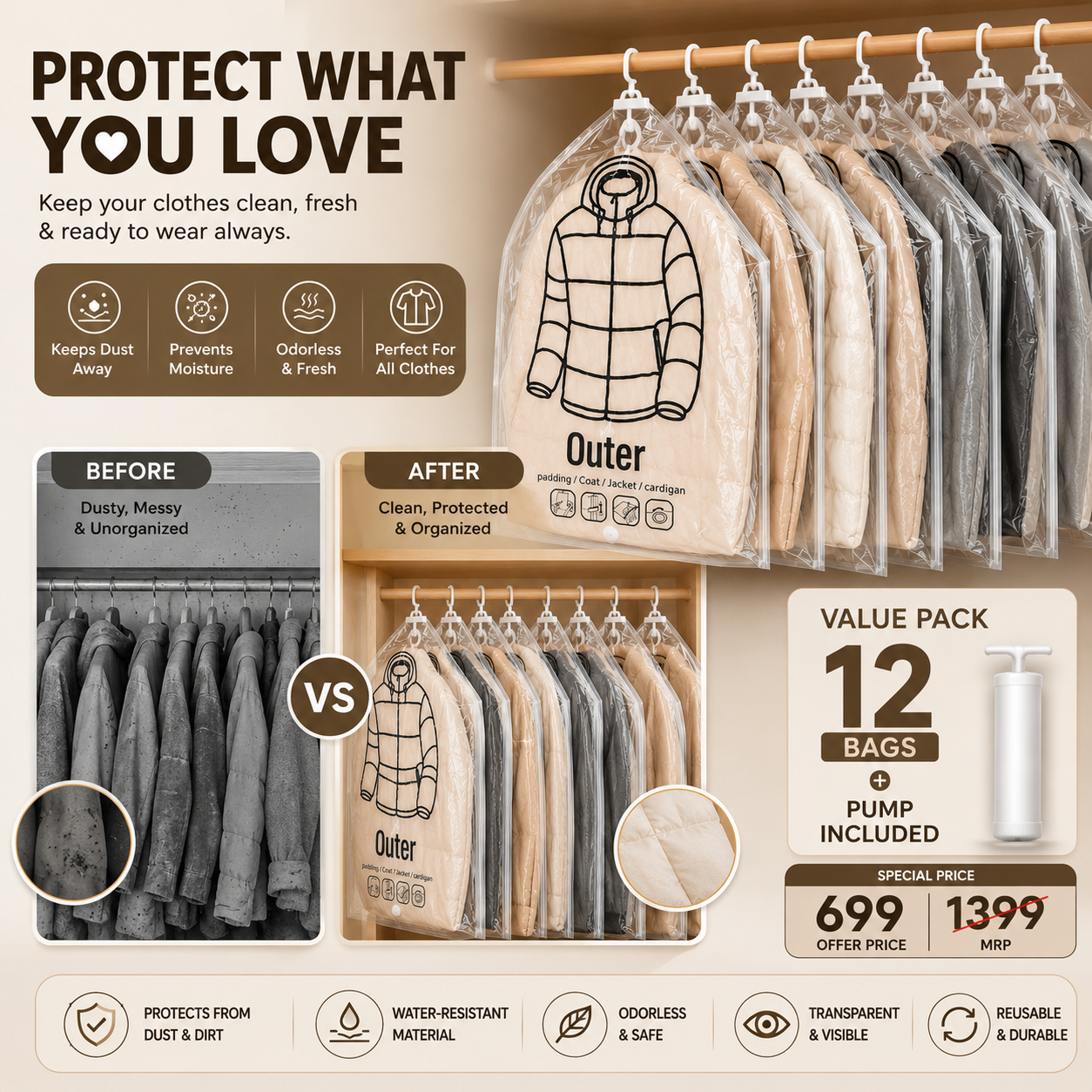 Hanging vacuum storage bag