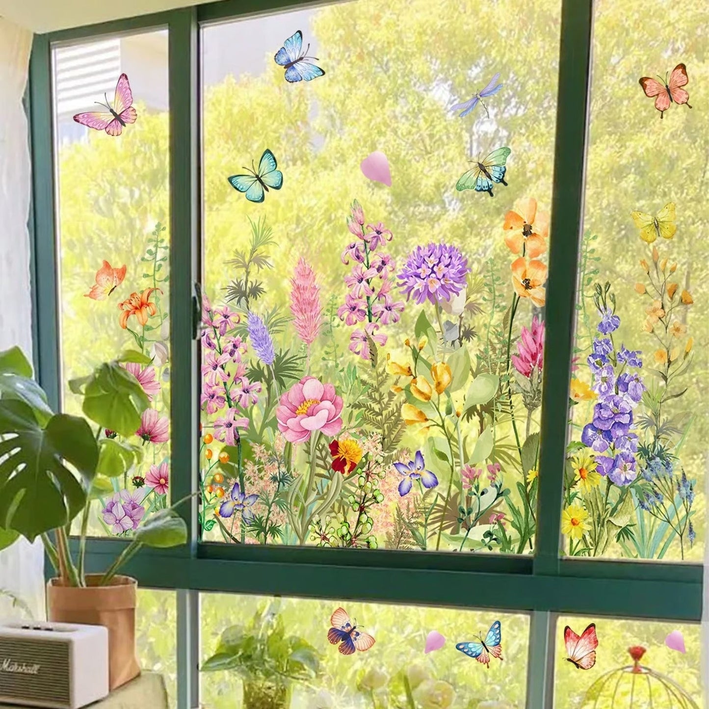 Floral butterfly window sticker on green window