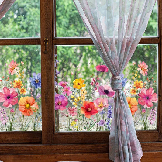 Colorful floral bouquet window sticker on wooden window