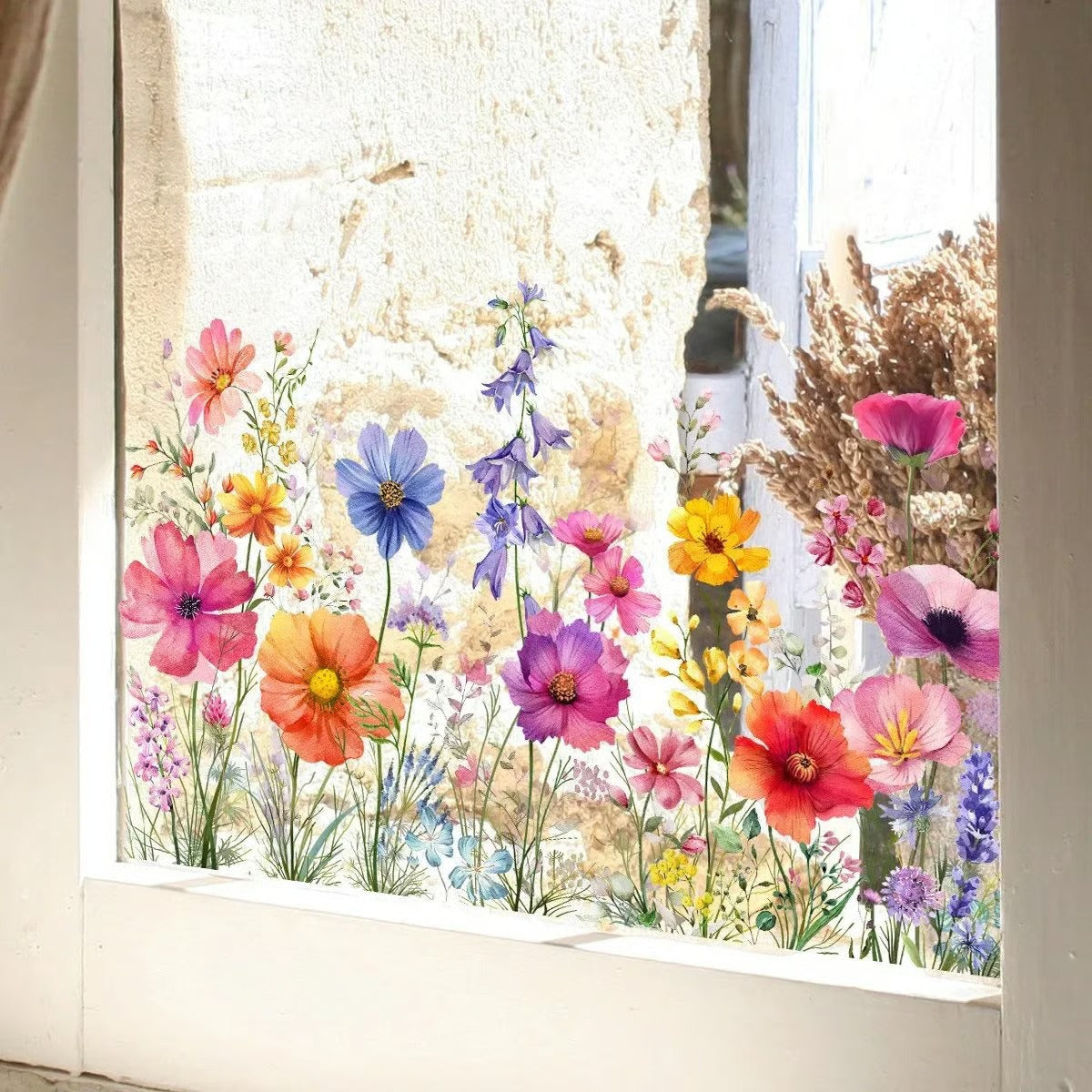A colorful flowers window sticker close up