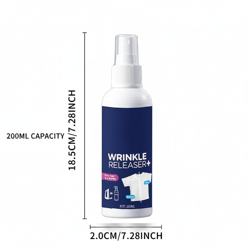 Wrinkle releaser spray bottle with dimensions on a white background